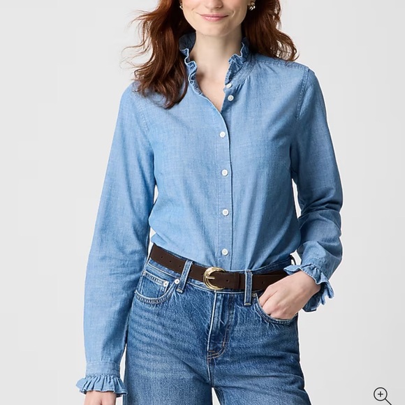 J.Crew Chambray Denim Ruffle Feminine Lightweight Cotton Button Down Large New! - Picture 2 of 7